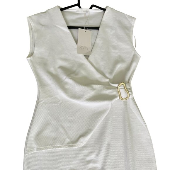 Zara Twill Wrap Dress M Oyster White Sleeveless V‑Neck Buckle Ruched NWT - Picture 9 of 13